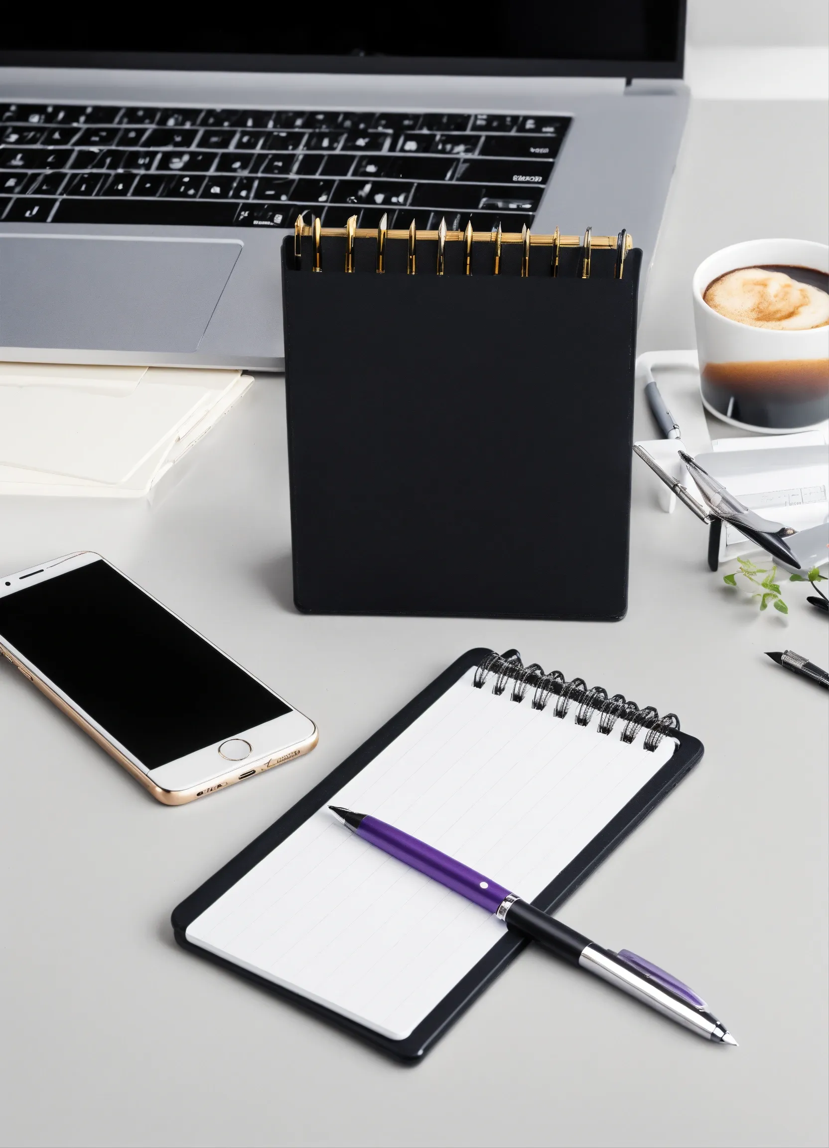 Minimalist writing desk with organized notebooks and reference materials